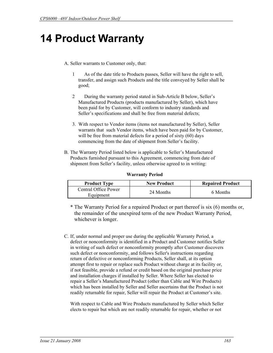 14 product warranty | GE Industrial Solutions CPS6000 User Manual | Page 163 / 212