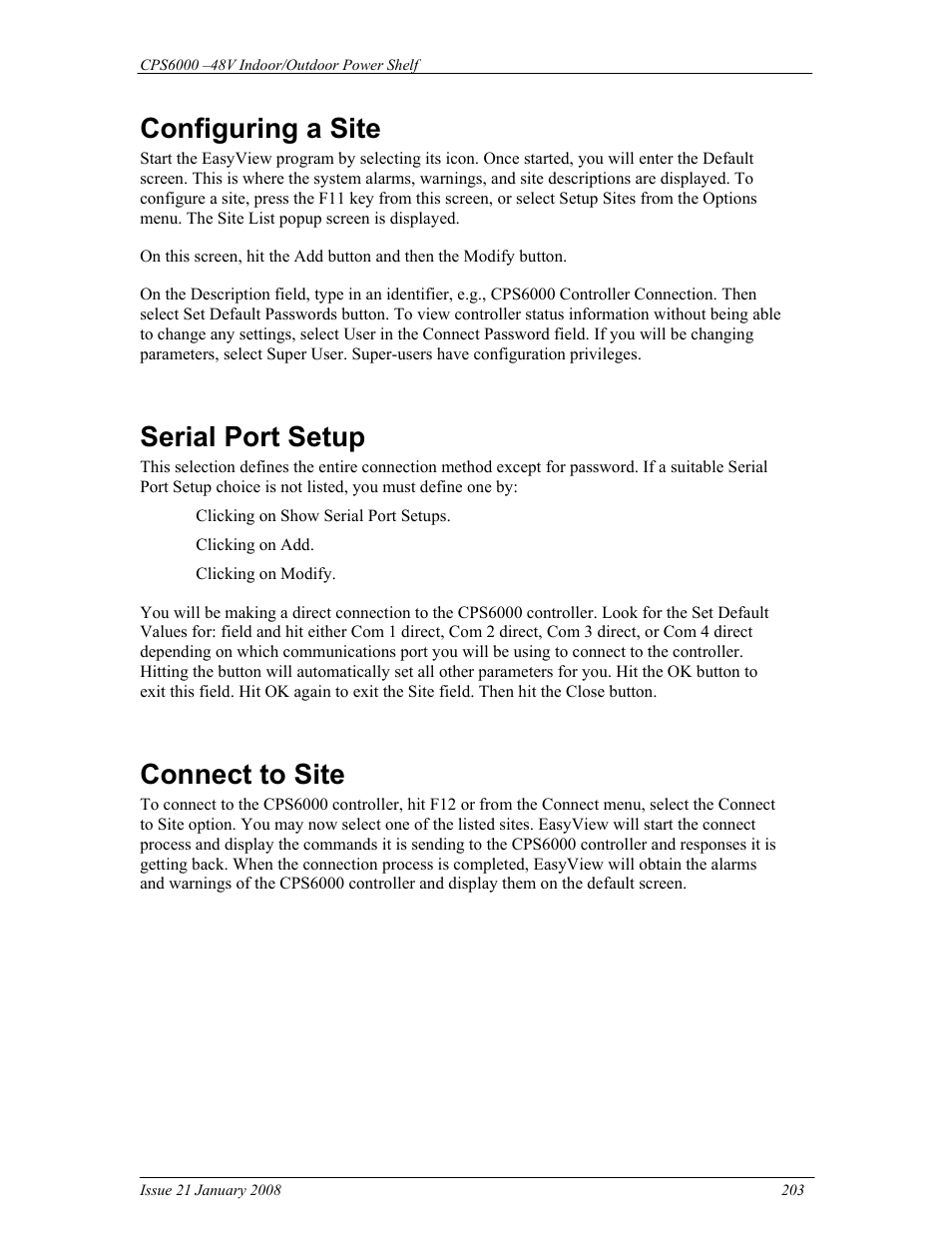 Configuring a site, Serial port setup, Connect to site | GE Industrial Solutions CPS6000 User Manual | Page 203 / 212