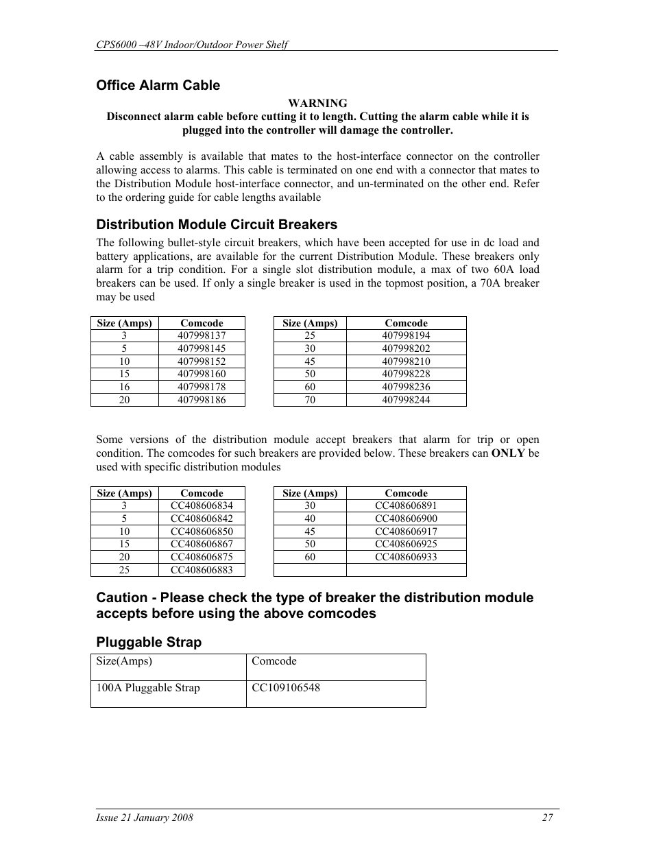 Office alarm cable, Distribution module circuit breakers | GE Industrial Solutions CPS6000 User Manual | Page 27 / 212