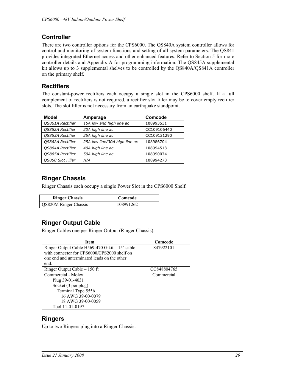 Controller, Rectifiers, Ringer chassis | Ringer output cable, Ringers | GE Industrial Solutions CPS6000 User Manual | Page 29 / 212