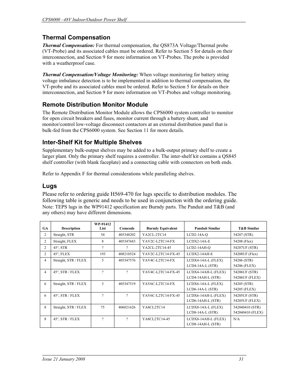 Thermal compensation, Remote distribution monitor module, Inter-shelf kit for multiple shelves | Lugs | GE Industrial Solutions CPS6000 User Manual | Page 31 / 212