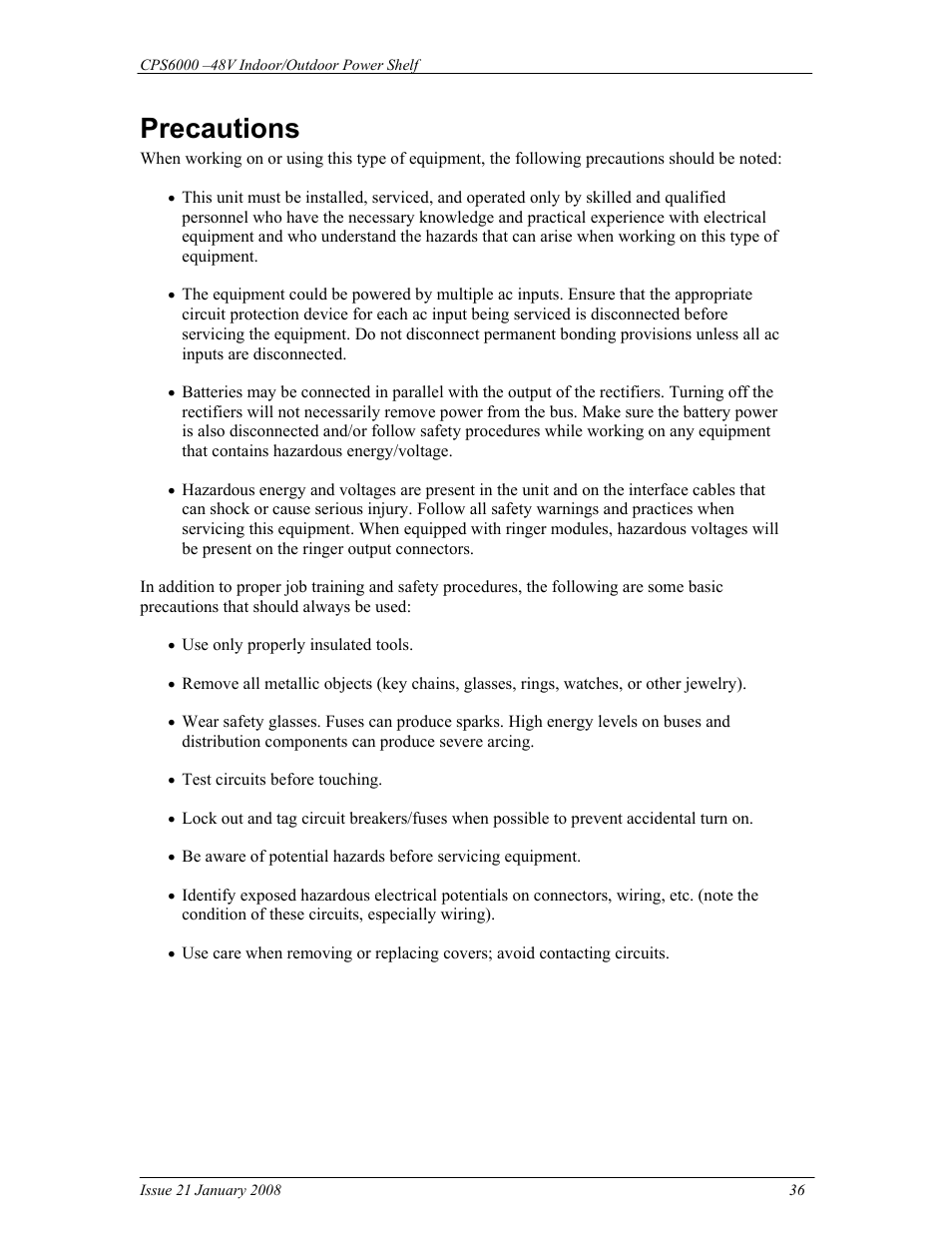 Precautions | GE Industrial Solutions CPS6000 User Manual | Page 36 / 212