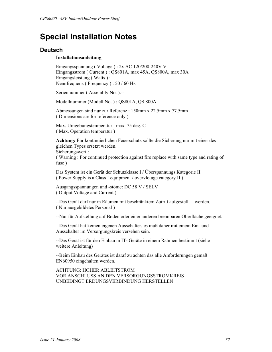 Special installation notes | GE Industrial Solutions CPS6000 User Manual | Page 37 / 212