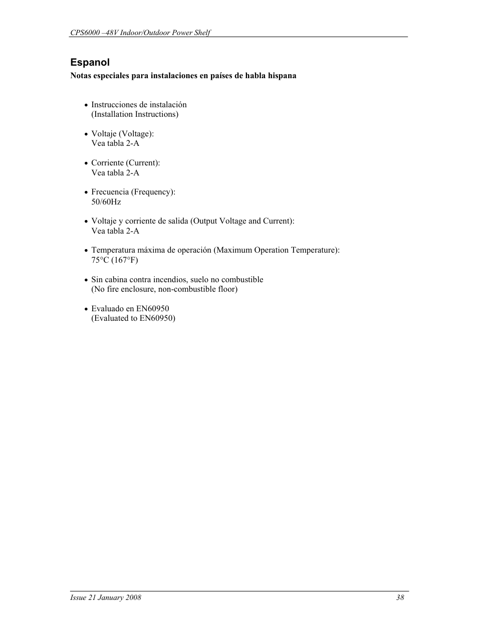Espanol | GE Industrial Solutions CPS6000 User Manual | Page 38 / 212