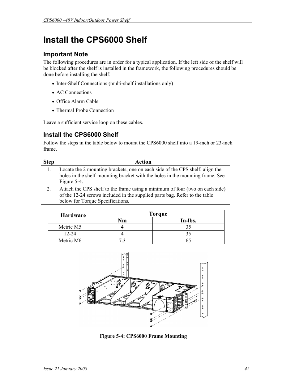 Install the cps6000 shelf | GE Industrial Solutions CPS6000 User Manual | Page 42 / 212