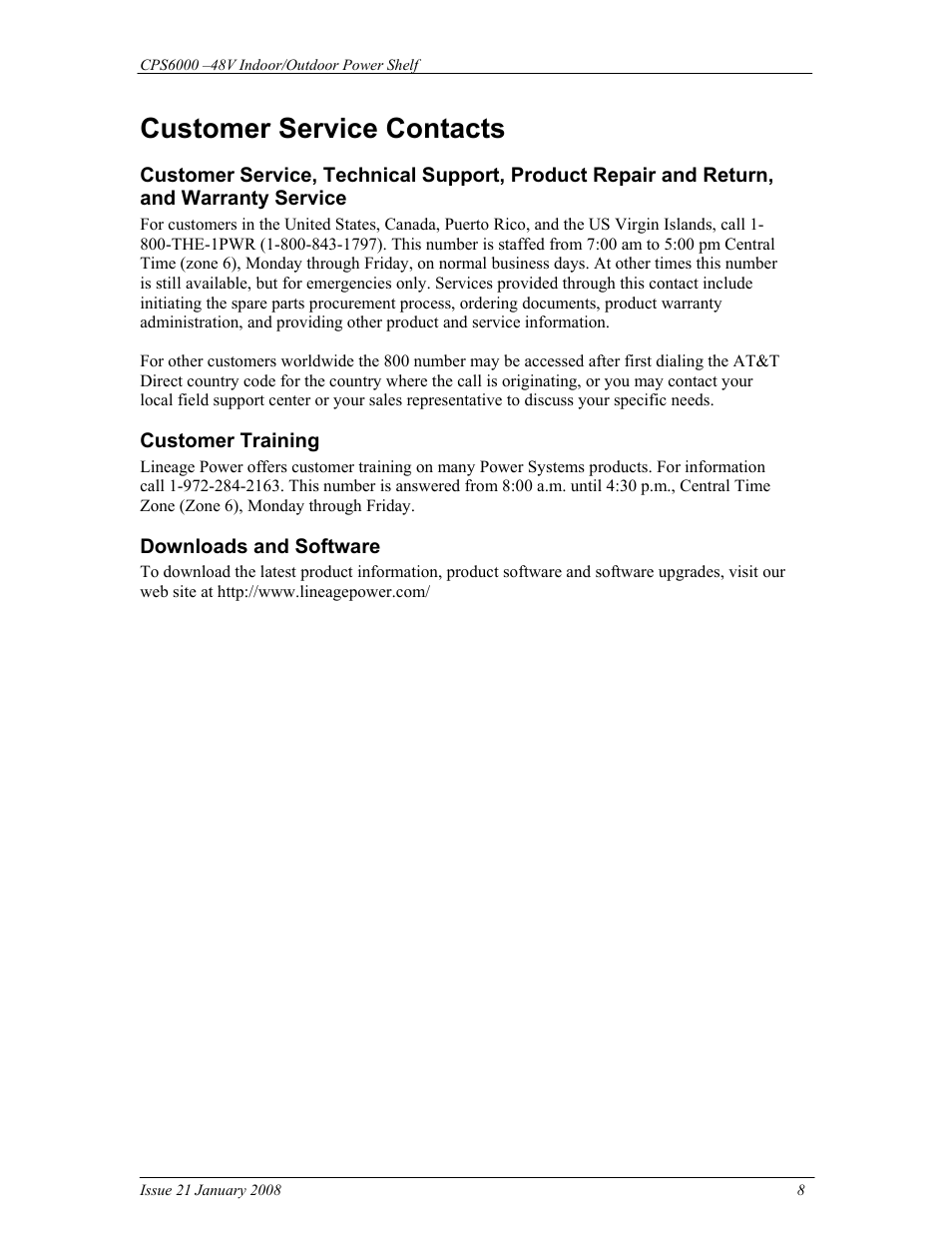 Customer service contacts | GE Industrial Solutions CPS6000 User Manual | Page 8 / 212