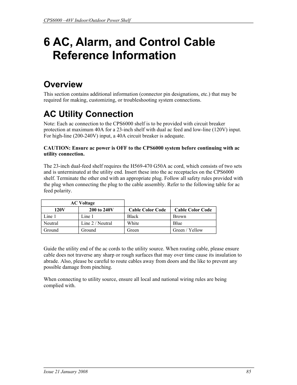 Overview, Ac utility connection, Overview ac utility connection | GE Industrial Solutions CPS6000 User Manual | Page 85 / 212