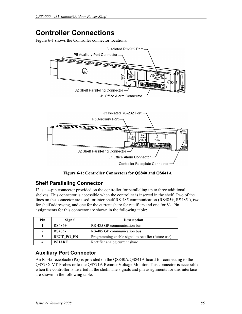 Controller connections, Shelf paralleling connector, Auxiliary port connector | GE Industrial Solutions CPS6000 User Manual | Page 86 / 212