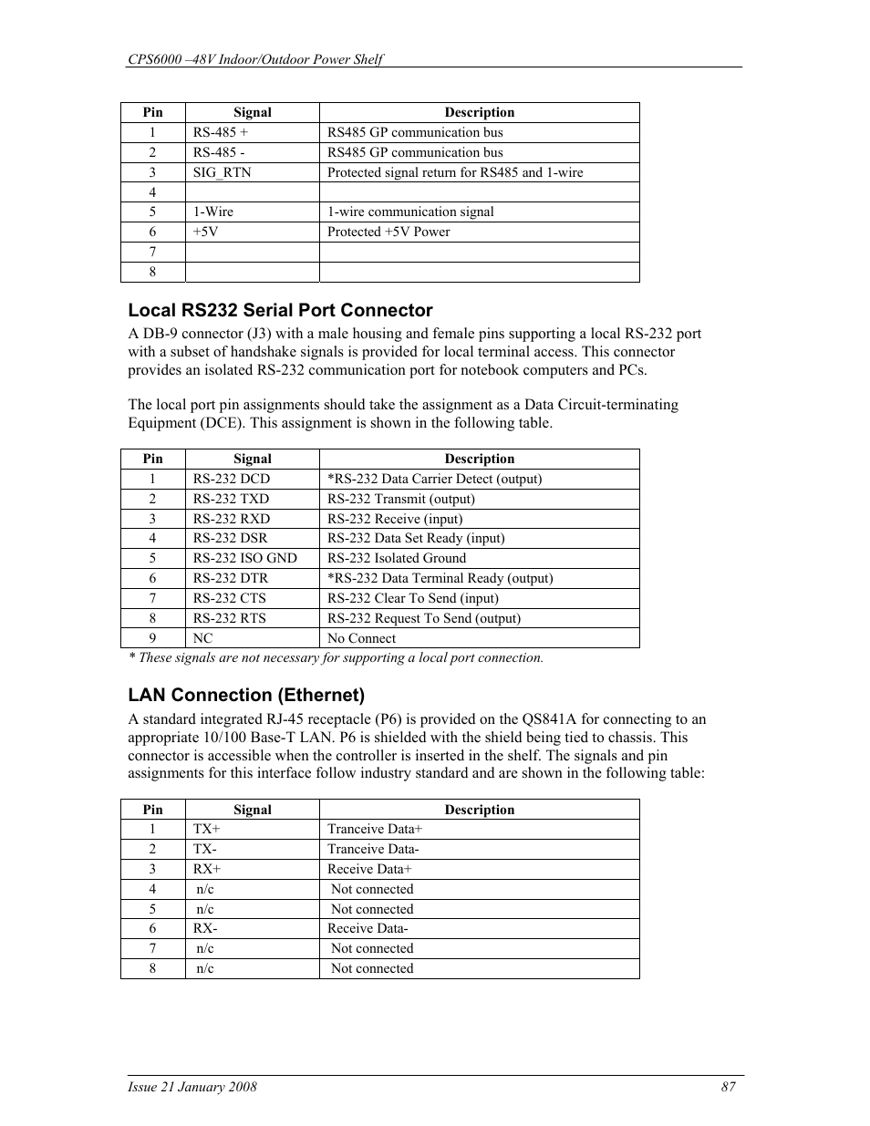 Local rs232 serial port connector, Lan connection (ethernet) | GE Industrial Solutions CPS6000 User Manual | Page 87 / 212