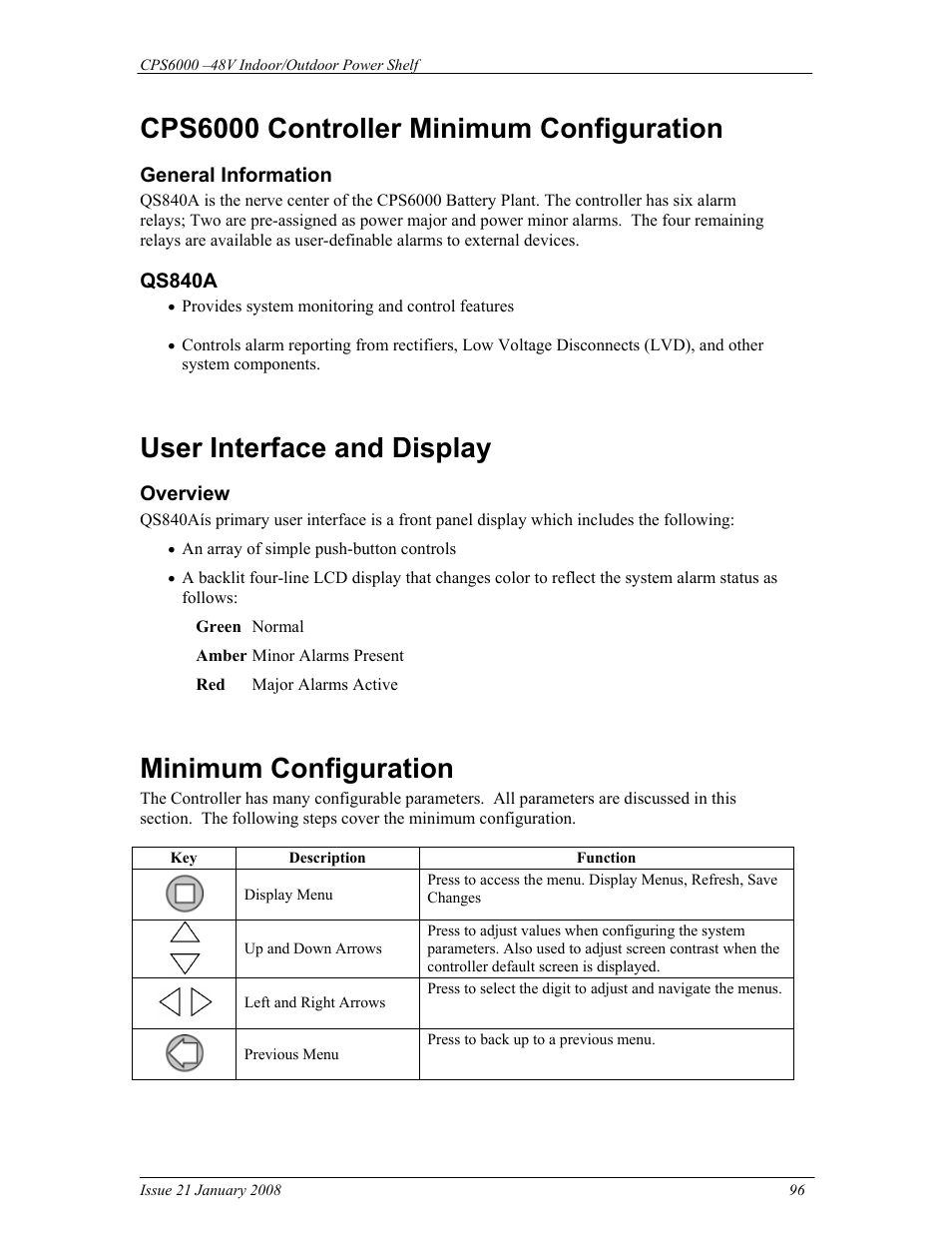 Cps6000 controller minimum configuration, User interface and display, Minimum configuration | GE Industrial Solutions CPS6000 User Manual | Page 96 / 212