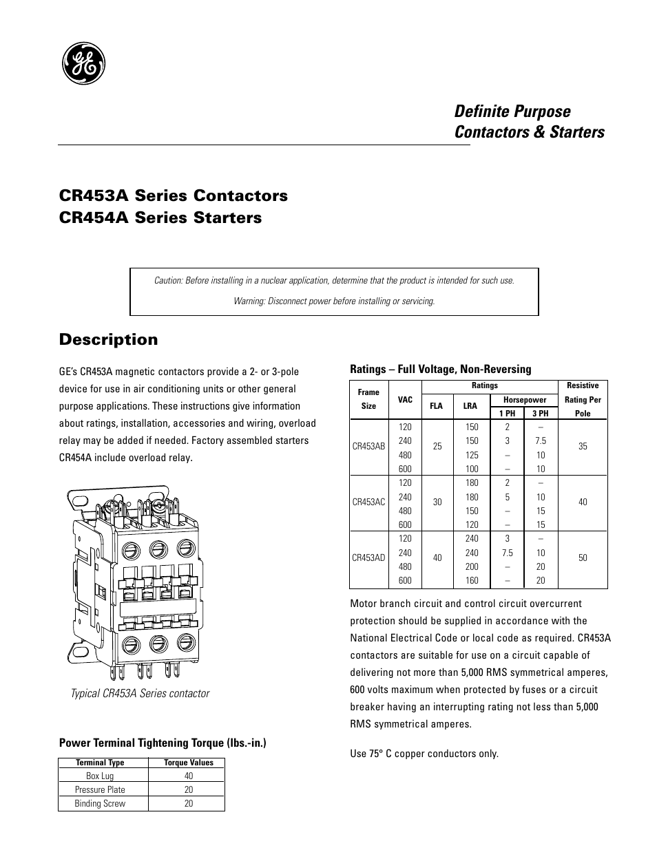 GE Industrial Solutions CR454A Series Starters User Manual | 4 pages