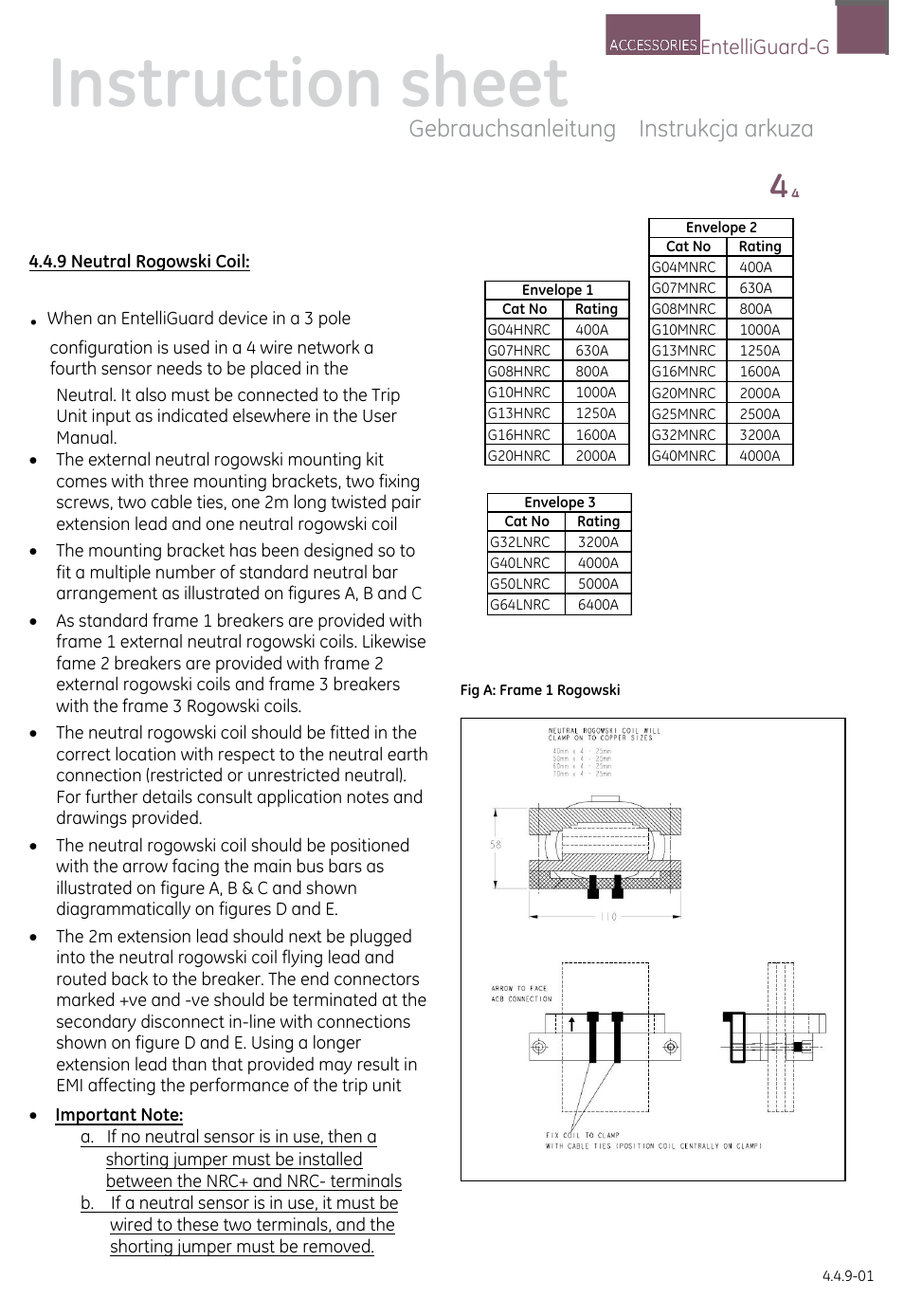 Deh41387, Fig a: frame 1 rogowski, Instruction sheet | Instrukcja arkuza, Gebrauchsanleitung | GE Industrial Solutions EntelliGuard G NEUTRAL SENSOR (ROGOWSKI COIL) User Manual | Page 2 / 4