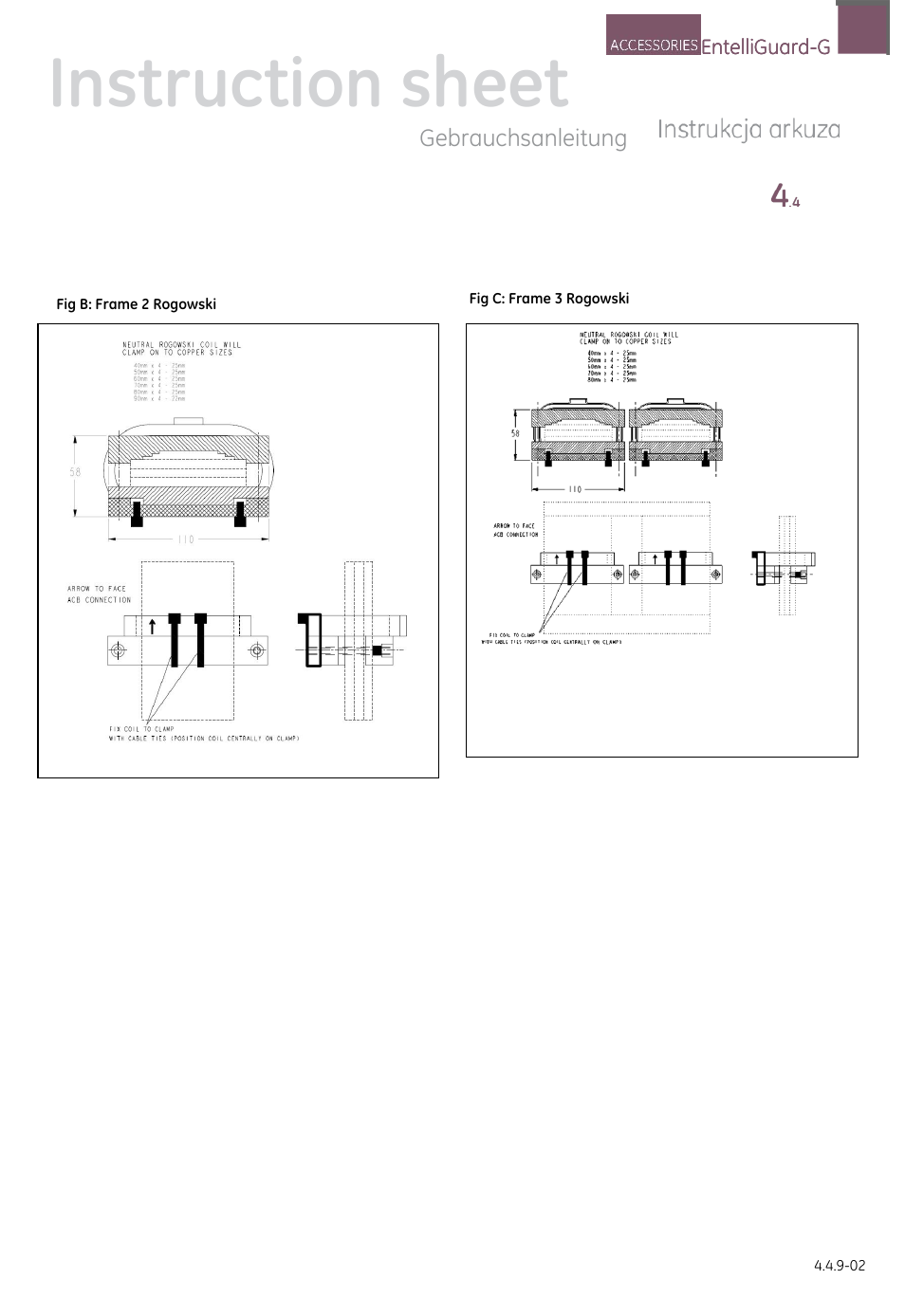 Instruction sheet, Gebrauchsanleitung, Entelliguard-g | Fig c: frame 3 rogowski, Fig b: frame 2 rogowski | GE Industrial Solutions EntelliGuard G NEUTRAL SENSOR (ROGOWSKI COIL) User Manual | Page 3 / 4