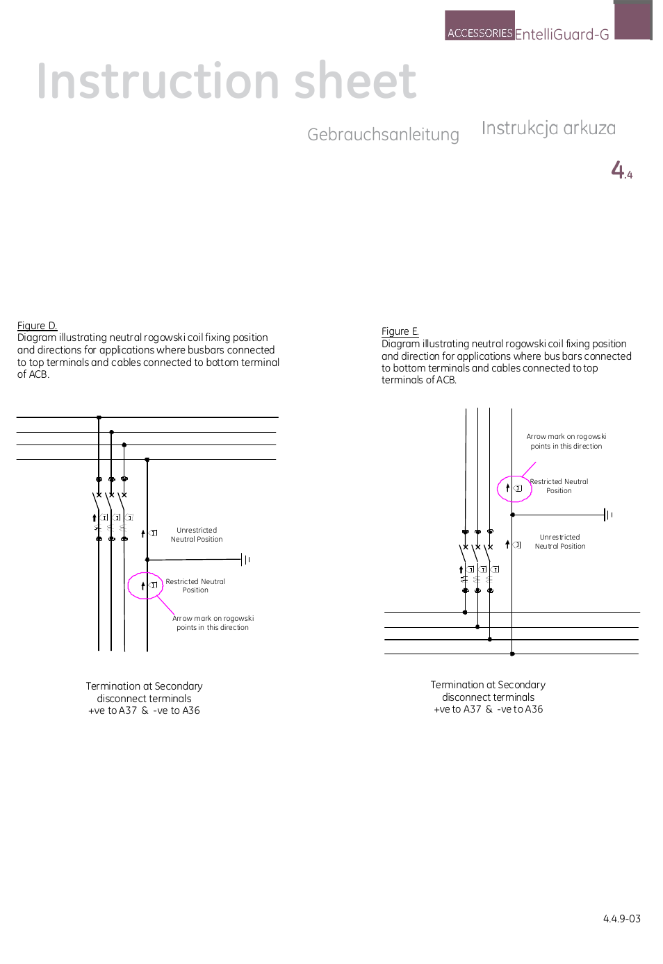 Instruction sheet, Gebrauchsanleitung, Entelliguard-g | GE Industrial Solutions EntelliGuard G NEUTRAL SENSOR (ROGOWSKI COIL) User Manual | Page 4 / 4
