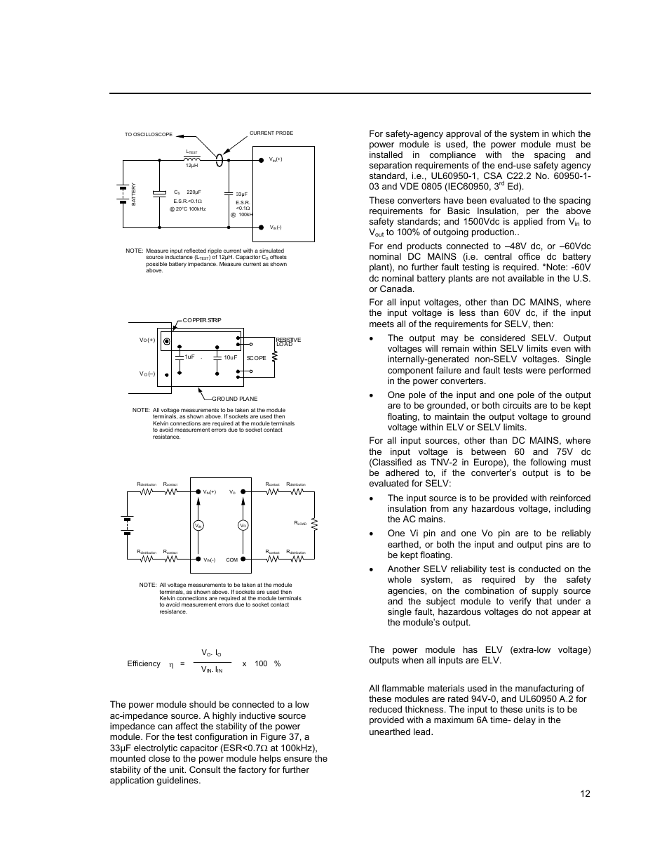 Test configurations, Design considerations, Safety considerations | Lineage power 12, Figure 38. output ripple and noise test setup | GE Industrial Solutions EQW012-020-023-025 Series User Manual | Page 12 / 25