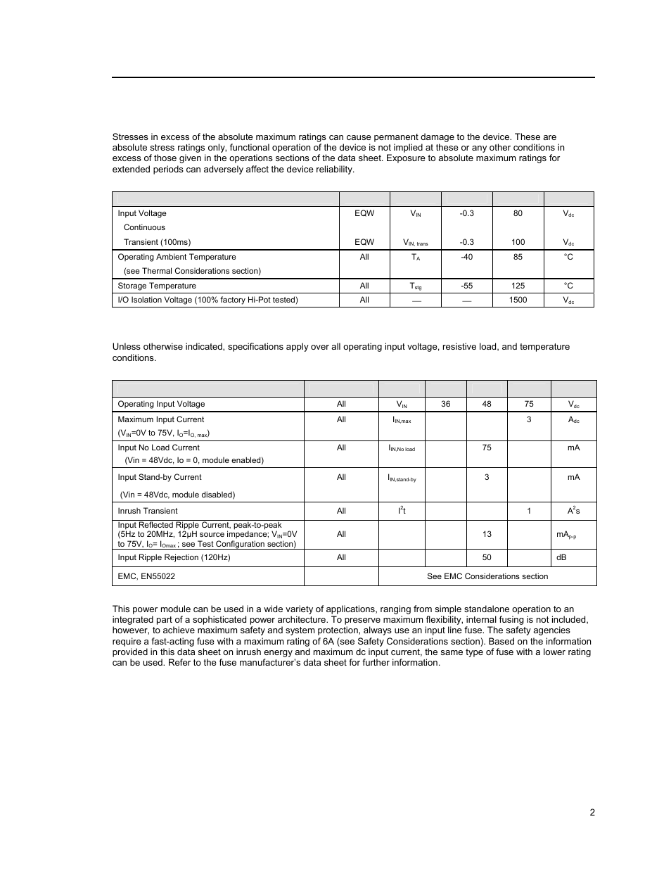 Absolute maximum ratings, Electrical specifications | GE Industrial Solutions EQW012-020-023-025 Series User Manual | Page 2 / 25