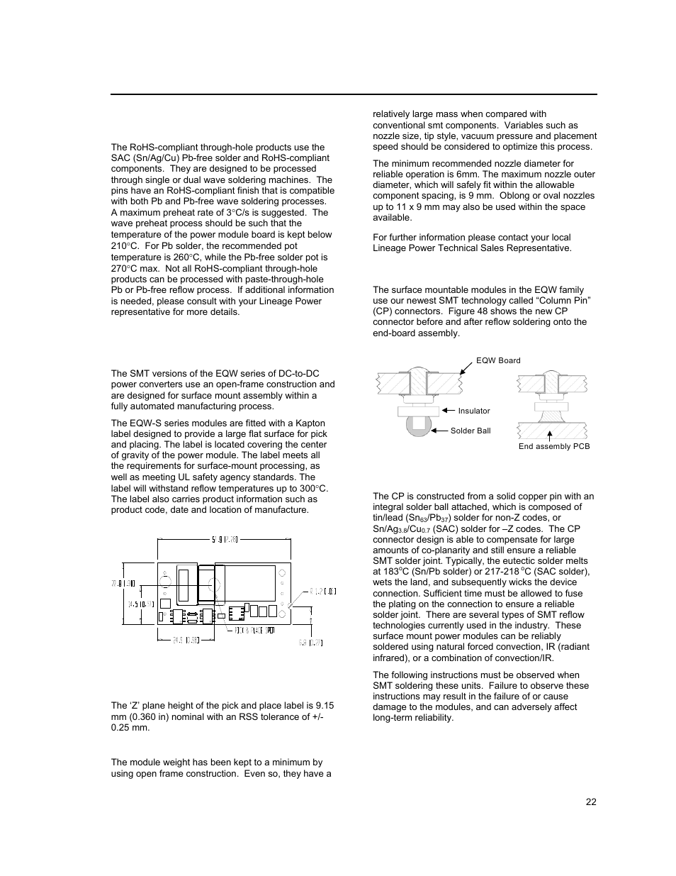 Through-hole soldering information, Surface mount information | GE Industrial Solutions EQW012-020-023-025 Series User Manual | Page 22 / 25