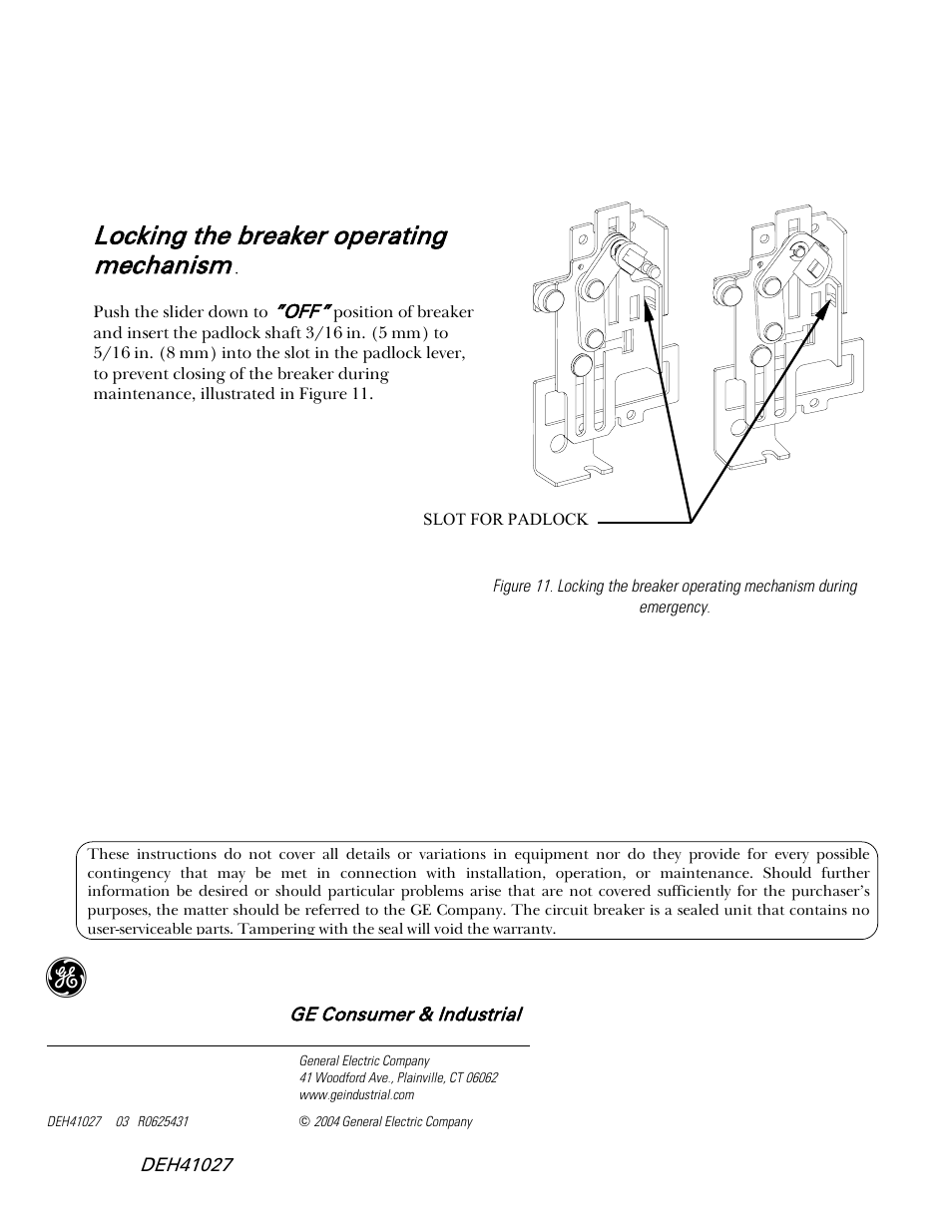 Locking the breaker operating mechanism | GE Industrial Solutions Record Plus TDM, NEMA 4__4X: FE250 User Manual | Page 6 / 6