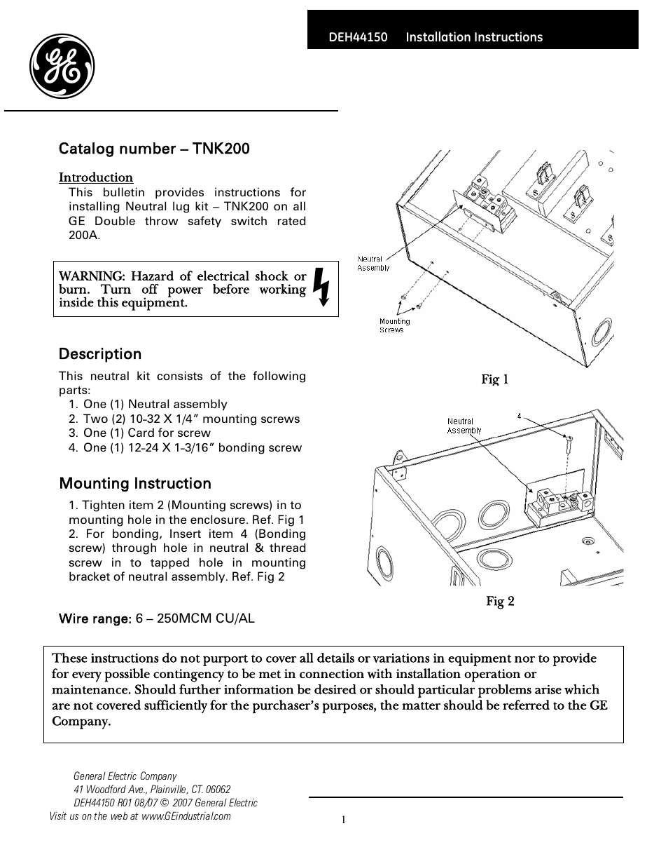 GE Industrial Solutions Neutral Mounting Kit - TNK200 User Manual | 1 page