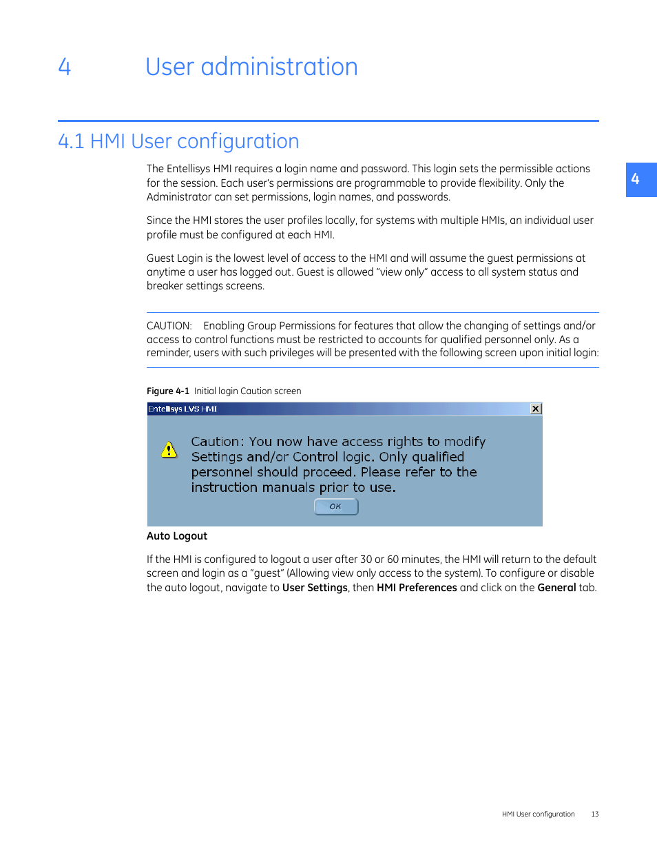 User administration, 1 hmi user configuration, 4user administration | GE Industrial Solutions Entellisys 5.0 Administrator Manual User Manual | Page 13 / 84