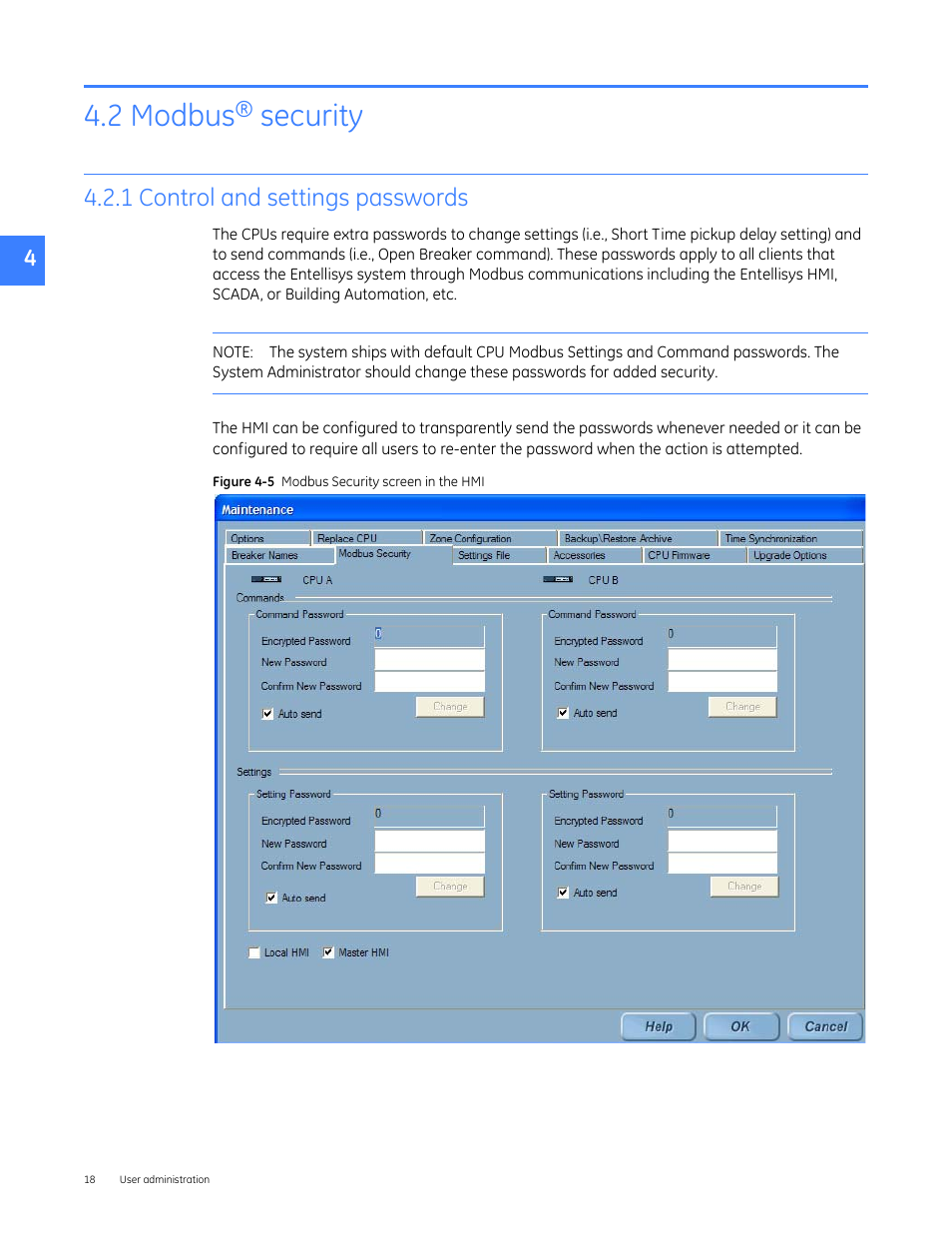 2 modbus® security, 1 control and settings passwords, 2 modbus | Security | GE Industrial Solutions Entellisys 5.0 Administrator Manual User Manual | Page 18 / 84
