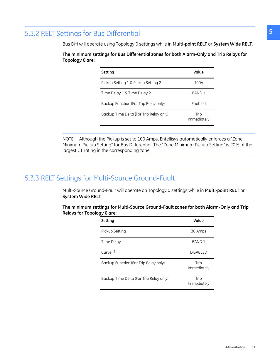 2 relt settings for bus differential, 3 relt settings for multi-source ground-fault | GE Industrial Solutions Entellisys 5.0 Administrator Manual User Manual | Page 31 / 84
