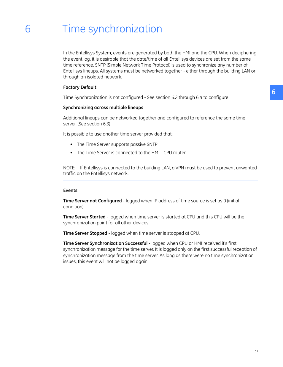 Time synchronization, 6time synchronization | GE Industrial Solutions Entellisys 5.0 Administrator Manual User Manual | Page 33 / 84