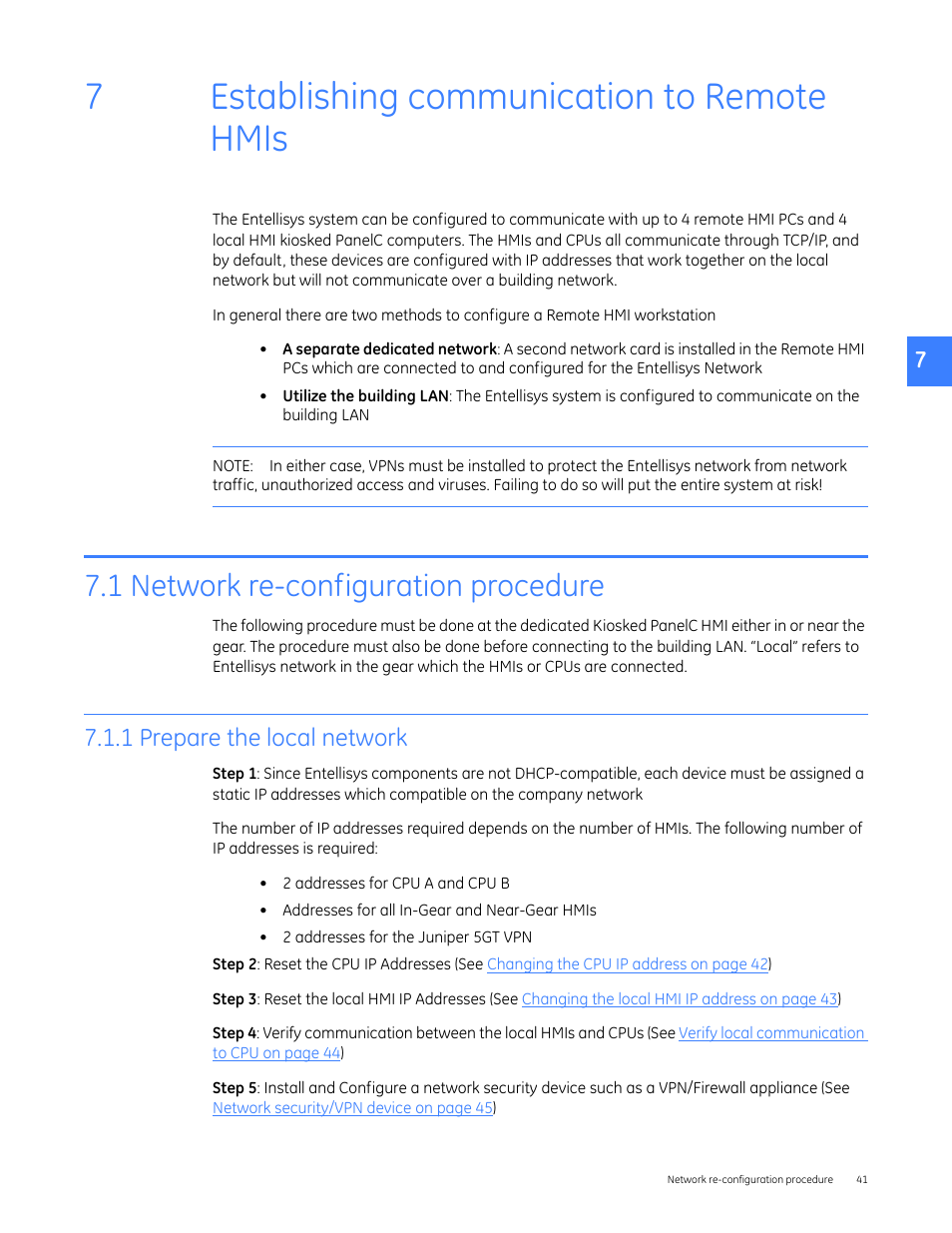 Establishing communication to remote hmis, 1 network re-configuration procedure, 1 prepare the local network | 7establishing communication to remote hmis | GE Industrial Solutions Entellisys 5.0 Administrator Manual User Manual | Page 41 / 84