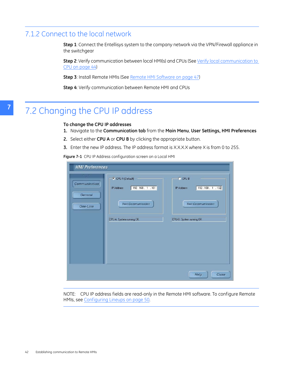 2 connect to the local network, 2 changing the cpu ip address, Esses (see | GE Industrial Solutions Entellisys 5.0 Administrator Manual User Manual | Page 42 / 84