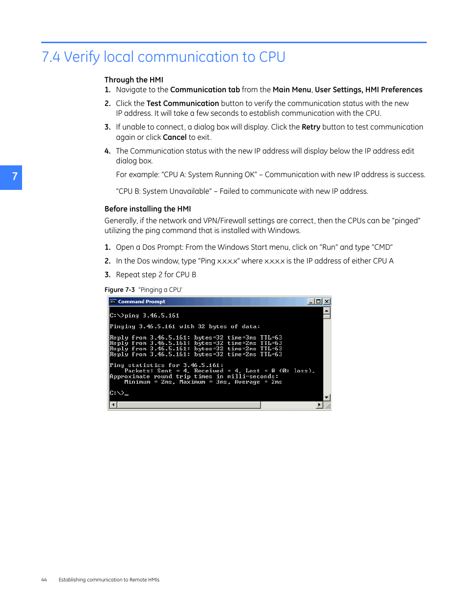 4 verify local communication to cpu, Hmis and cpus (see, Verify local communication | Verify local communication to | GE Industrial Solutions Entellisys 5.0 Administrator Manual User Manual | Page 44 / 84