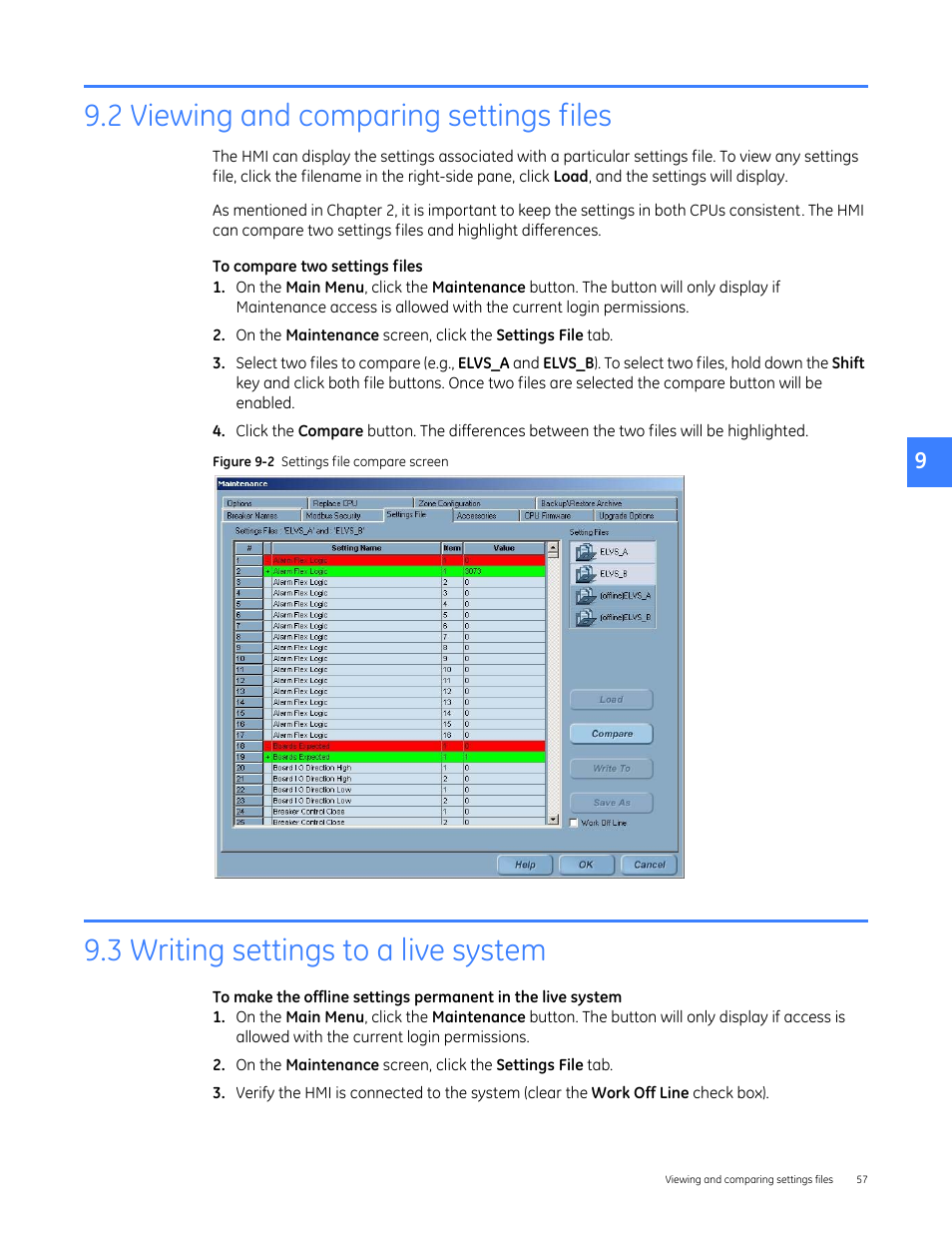 2 viewing and comparing settings files, 3 writing settings to a live system | GE Industrial Solutions Entellisys 5.0 Administrator Manual User Manual | Page 57 / 84