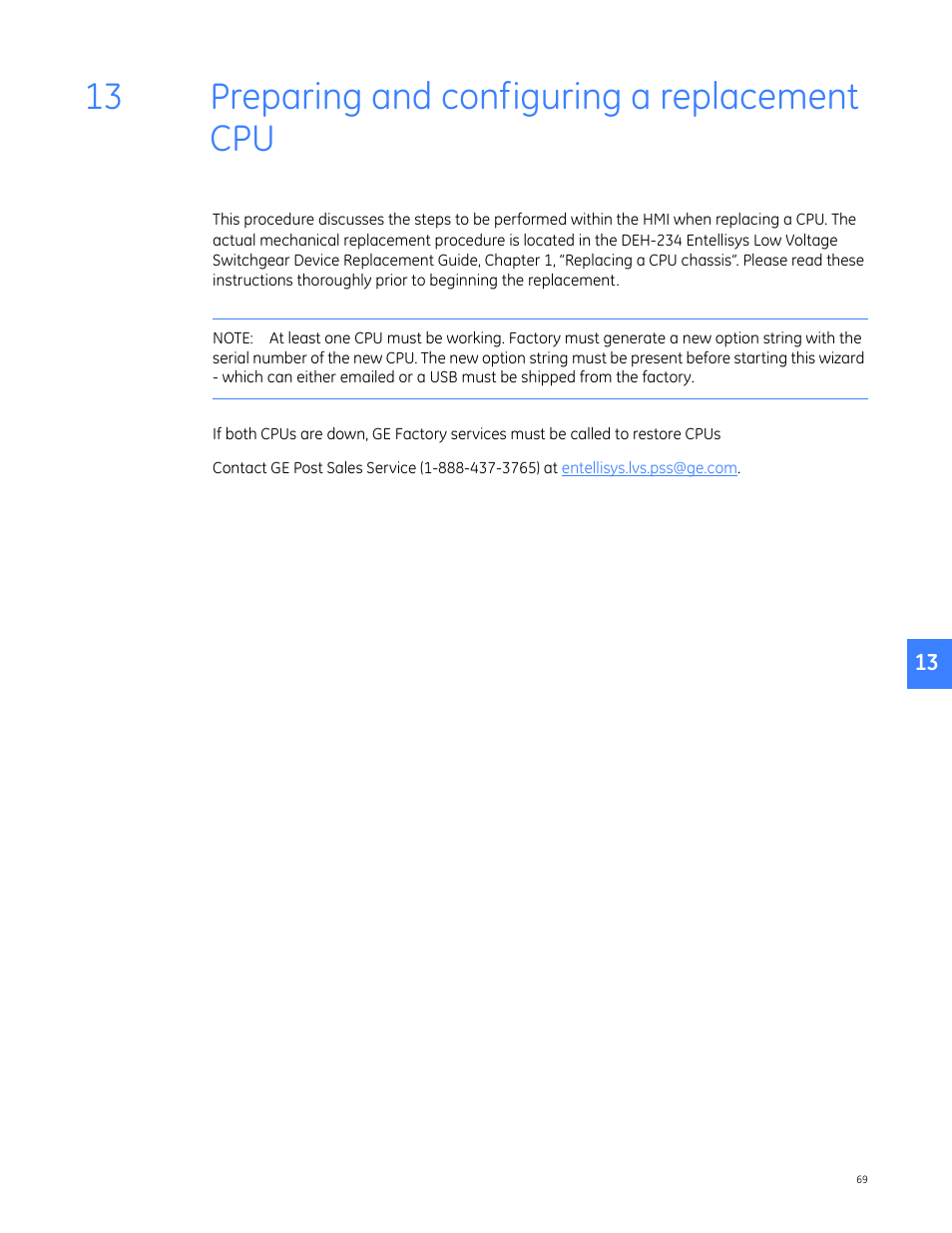 Preparing and configuring a replacement cpu, 13 preparing and configuring a replacement cpu | GE Industrial Solutions Entellisys 5.0 Administrator Manual User Manual | Page 69 / 84