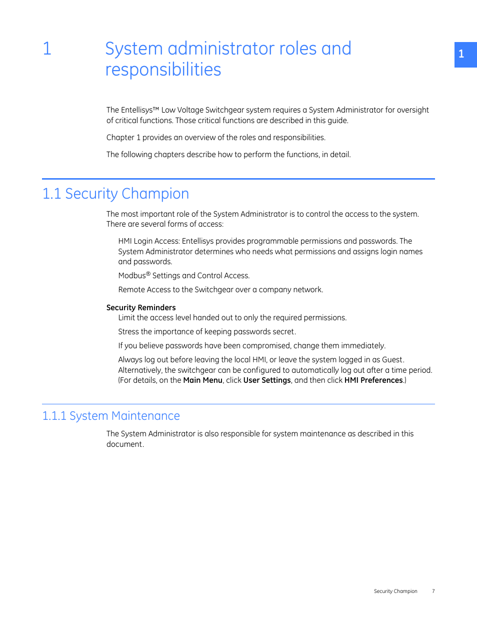 System administrator roles and responsibilities, 1 security champion, 1 system maintenance | 1system administrator roles and responsibilities | GE Industrial Solutions Entellisys 5.0 Administrator Manual User Manual | Page 7 / 84
