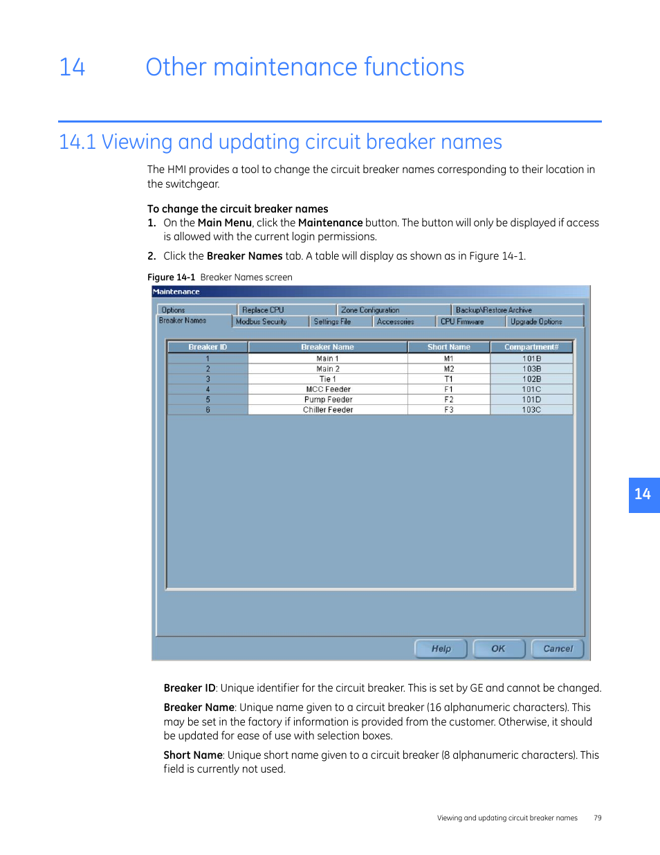 Other maintenance functions, 1 viewing and updating circuit breaker names, 14 other maintenance functions | GE Industrial Solutions Entellisys 5.0 Administrator Manual User Manual | Page 77 / 84