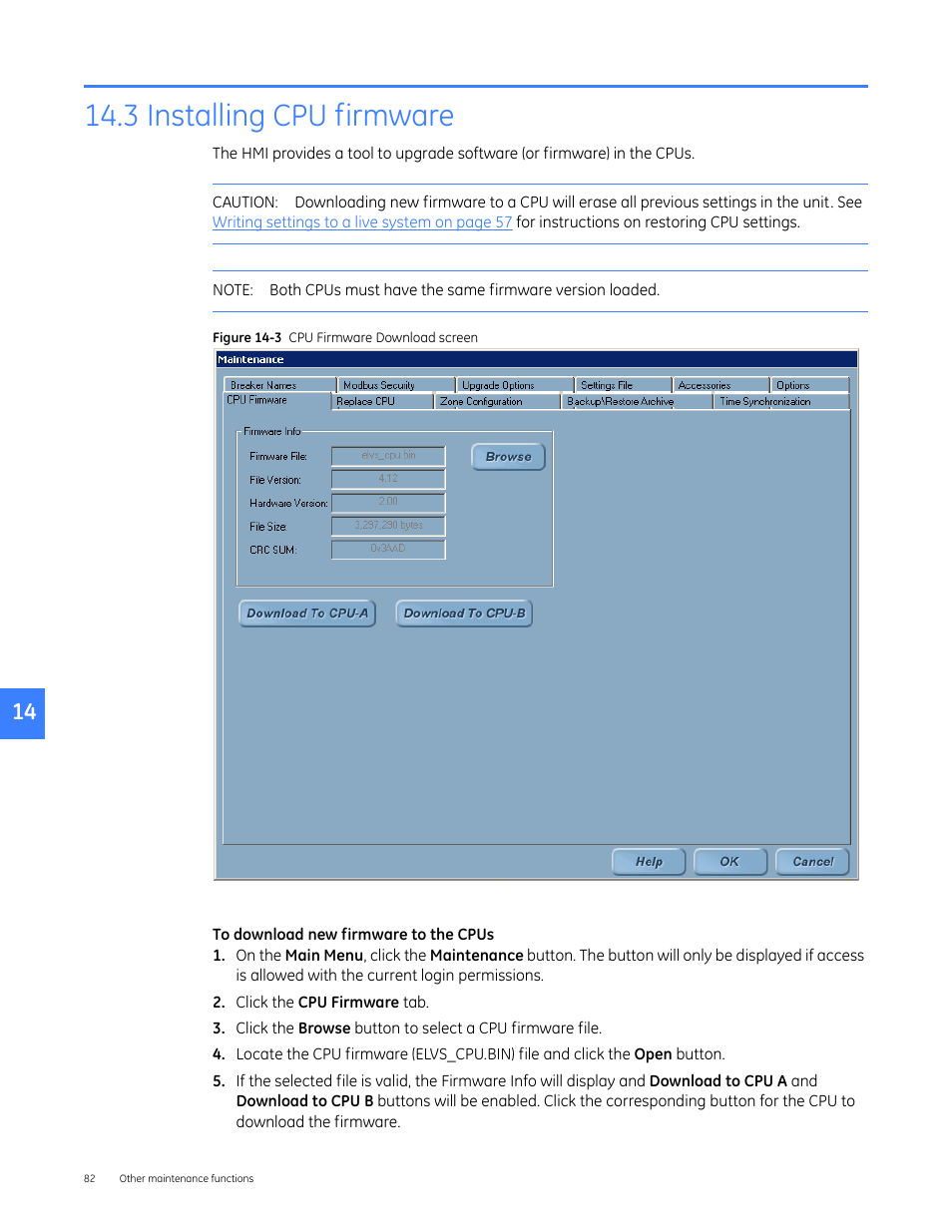 3 installing cpu firmware | GE Industrial Solutions Entellisys 5.0 Administrator Manual User Manual | Page 80 / 84