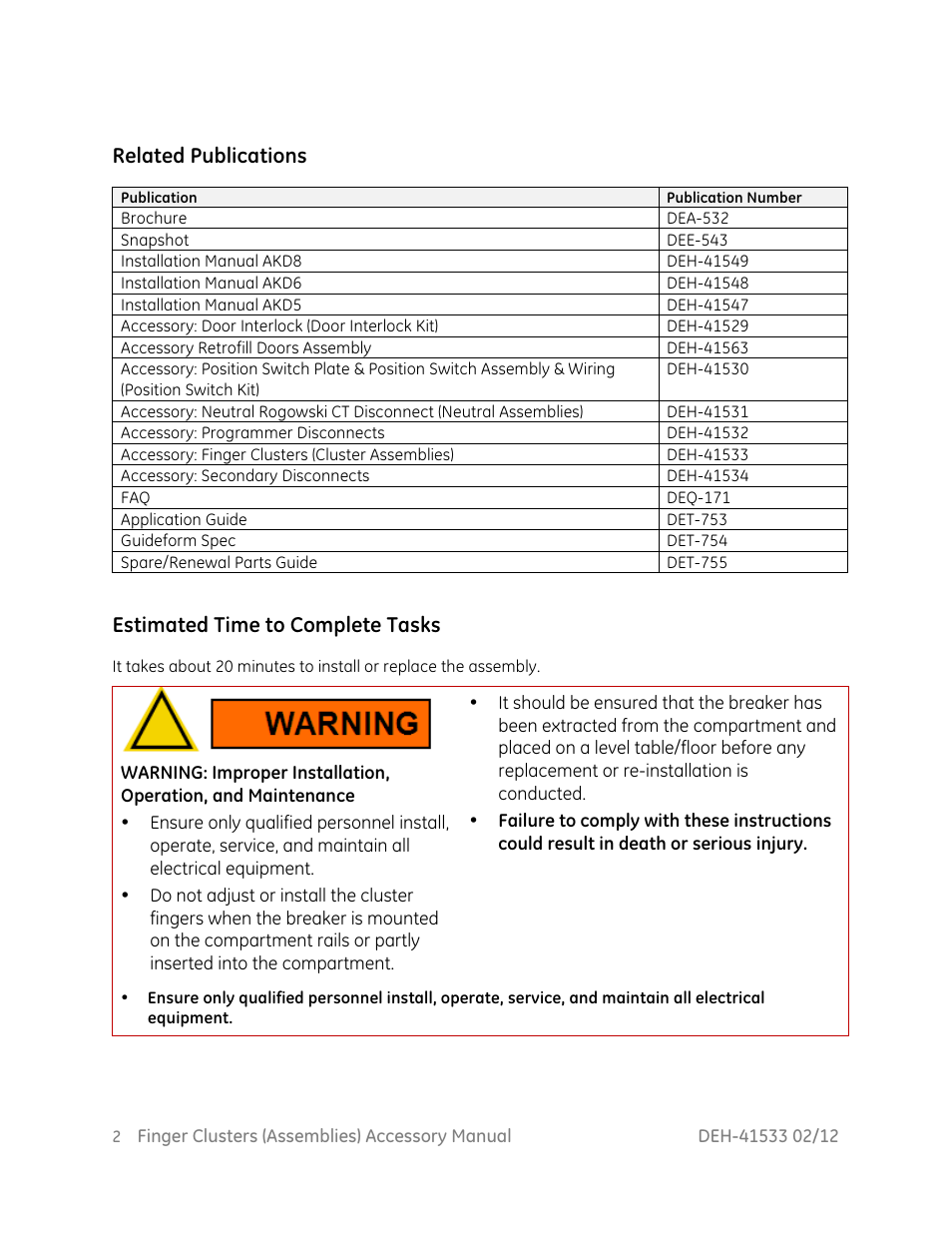 Related publications, Estimated time to complete tasks | GE Industrial Solutions Finger Clusters User Manual | Page 3 / 11