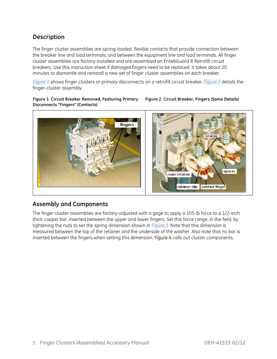 Description, Assembly and components | GE Industrial Solutions Finger Clusters User Manual | Page 4 / 11
