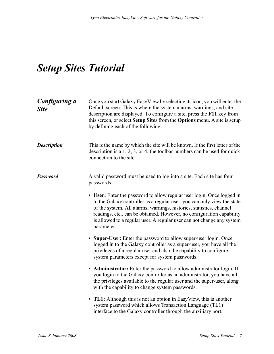 Configuring a site, Description, Password | Setup sites tutorial, Description 7 password 7 | GE Industrial Solutions Easy View User Manual | Page 13 / 22