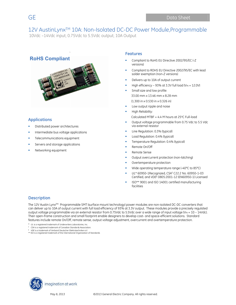 GE Industrial Solutions 12V AustinLynx 10A User Manual | 20 pages