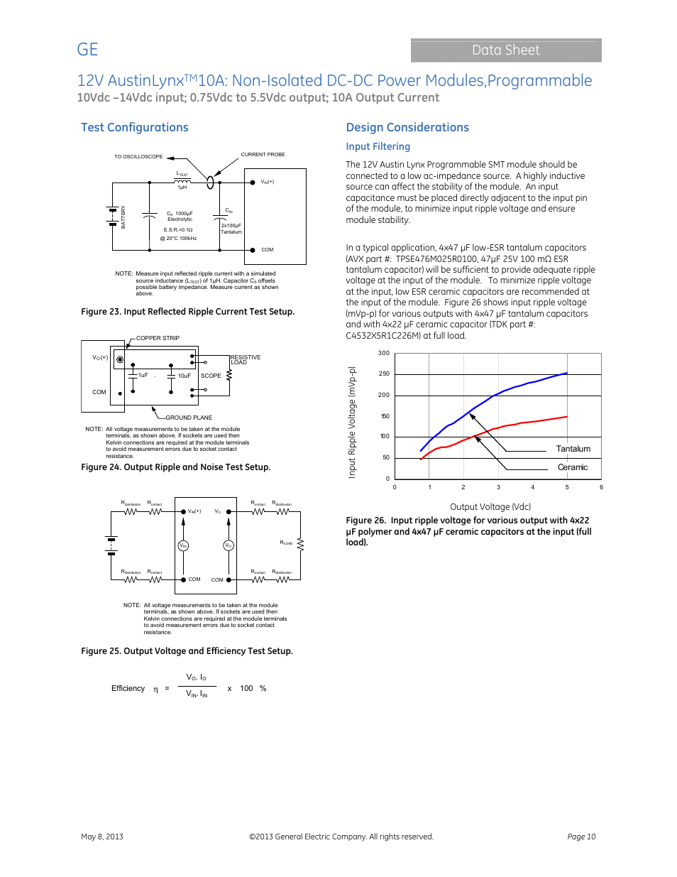 12v austinlynx, 10a: non-isolated dc-dc power modules,programmable, Data sheet | Test configurations, Design considerations, Input filtering, Figure 24. output ripple and noise test setup | GE Industrial Solutions 12V AustinLynx 10A User Manual | Page 10 / 20