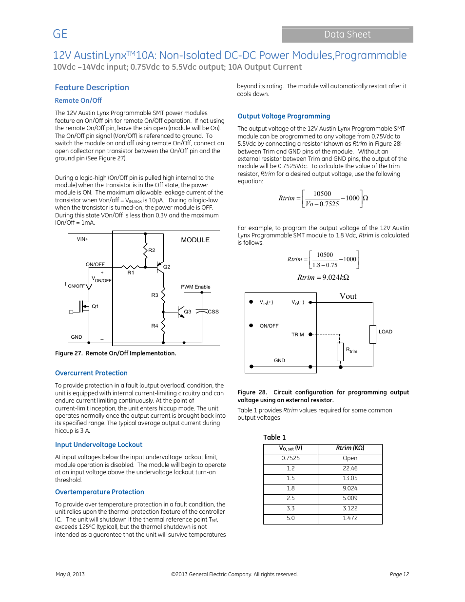 12v austinlynx, 10a: non-isolated dc-dc power modules,programmable, Data sheet | Feature description, Vout | GE Industrial Solutions 12V AustinLynx 10A User Manual | Page 12 / 20