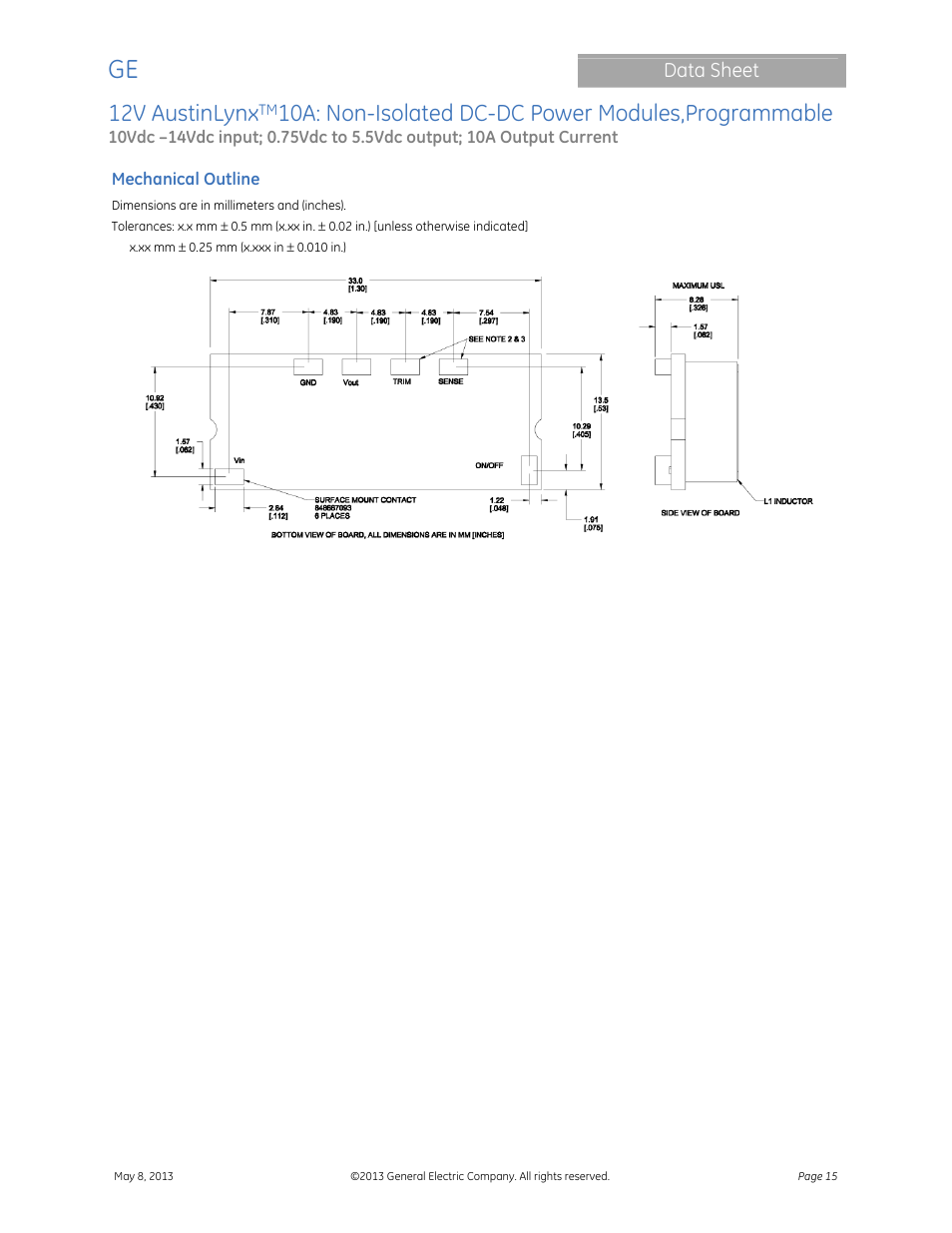 12v austinlynx, 10a: non-isolated dc-dc power modules,programmable, Data sheet | GE Industrial Solutions 12V AustinLynx 10A User Manual | Page 15 / 20