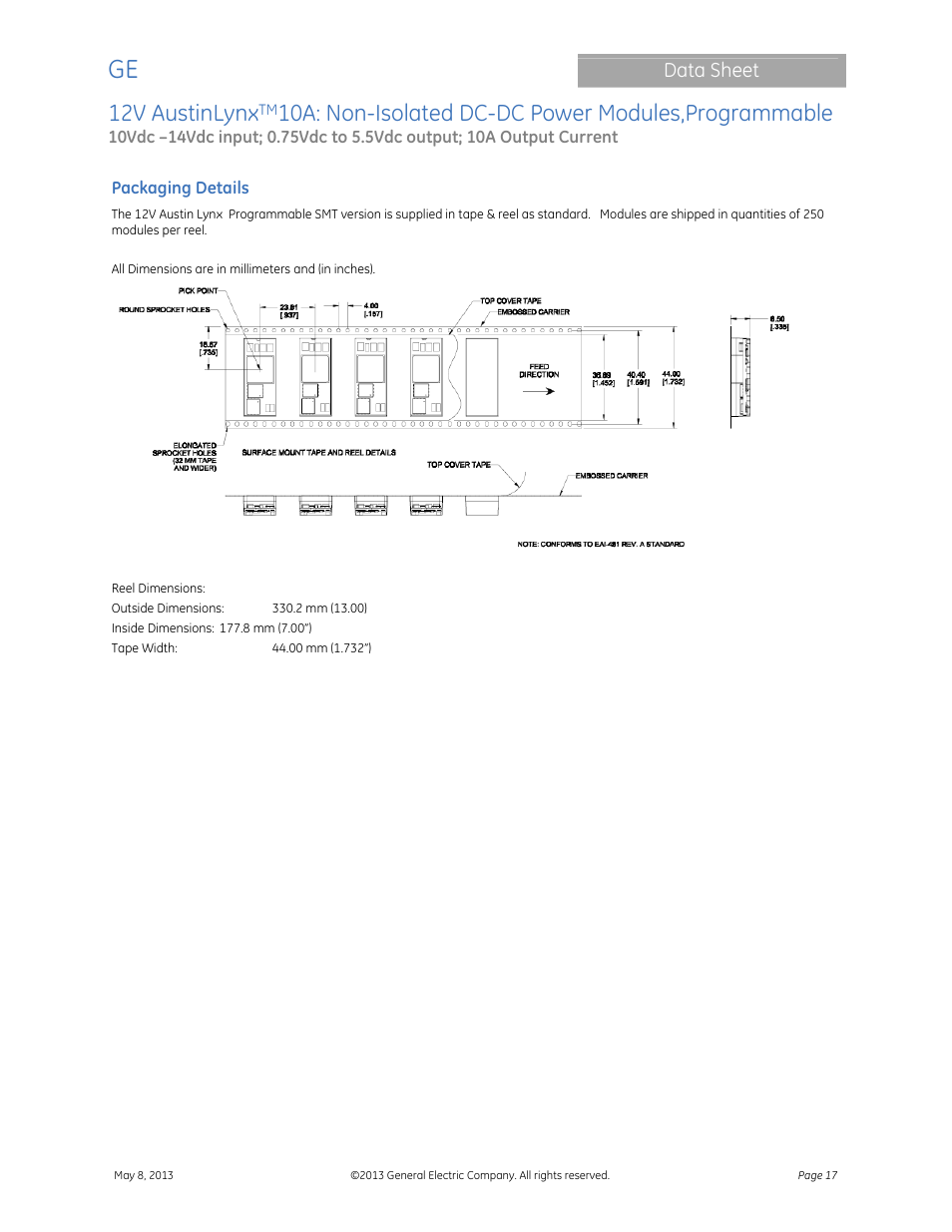 12v austinlynx, 10a: non-isolated dc-dc power modules,programmable, Data sheet | GE Industrial Solutions 12V AustinLynx 10A User Manual | Page 17 / 20