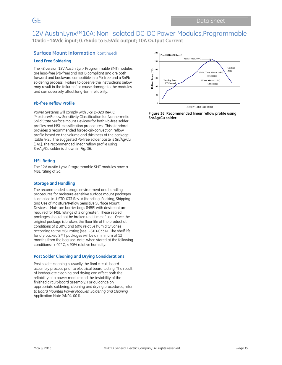 12v austinlynx, 10a: non-isolated dc-dc power modules,programmable, Data sheet | Surface mount information | GE Industrial Solutions 12V AustinLynx 10A User Manual | Page 19 / 20