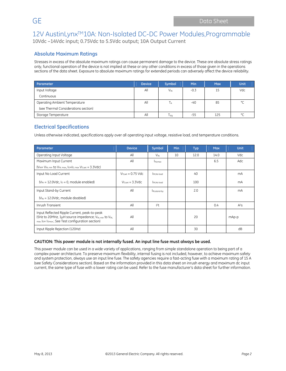 12v austinlynx, 10a: non-isolated dc-dc power modules,programmable, Data sheet | Absolute maximum ratings, Electrical specifications | GE Industrial Solutions 12V AustinLynx 10A User Manual | Page 2 / 20