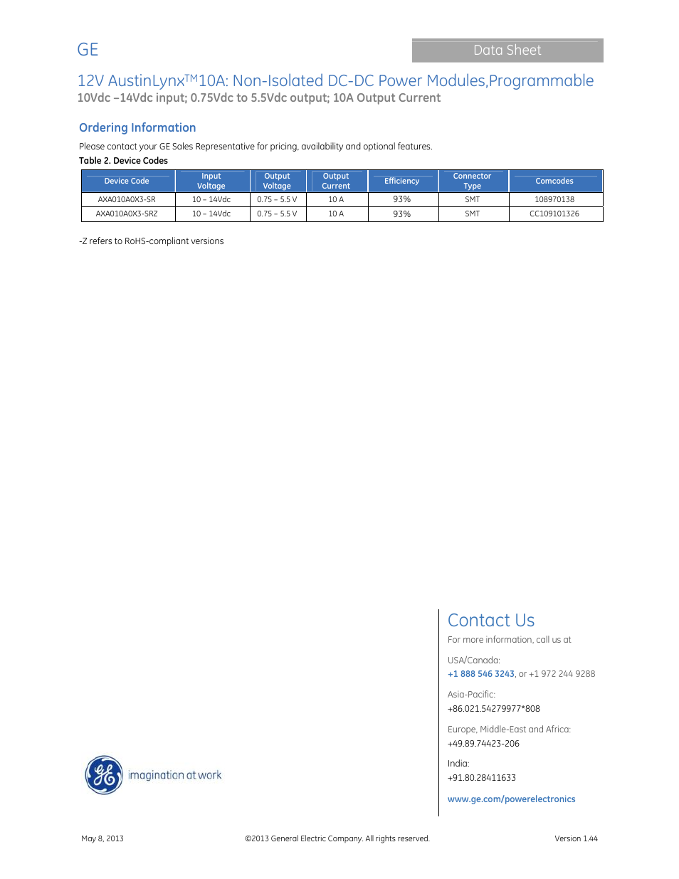 Contact us, 12v austinlynx, 10a: non-isolated dc-dc power modules,programmable | Data sheet, Ordering information | GE Industrial Solutions 12V AustinLynx 10A User Manual | Page 20 / 20