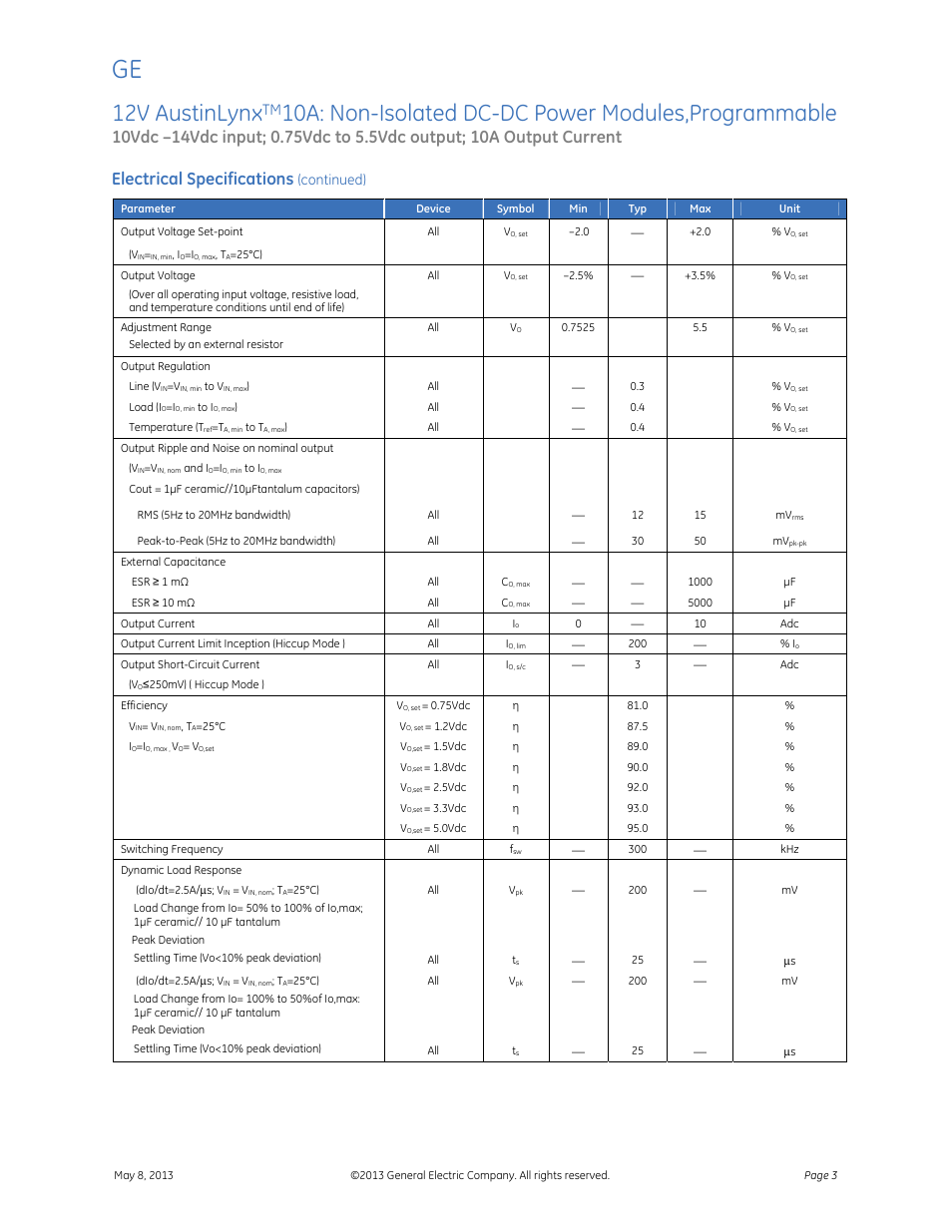 12v austinlynx, 10a: non-isolated dc-dc power modules,programmable, Data sheet | Electrical specifications, Continued) | GE Industrial Solutions 12V AustinLynx 10A User Manual | Page 3 / 20