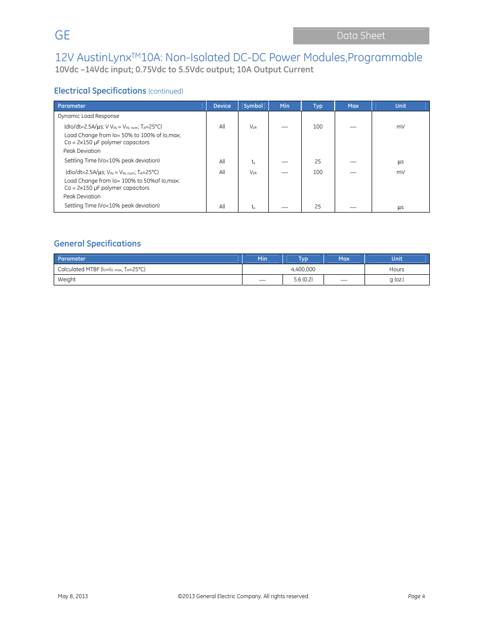 12v austinlynx, 10a: non-isolated dc-dc power modules,programmable, Data sheet | Electrical specifications, General specifications | GE Industrial Solutions 12V AustinLynx 10A User Manual | Page 4 / 20