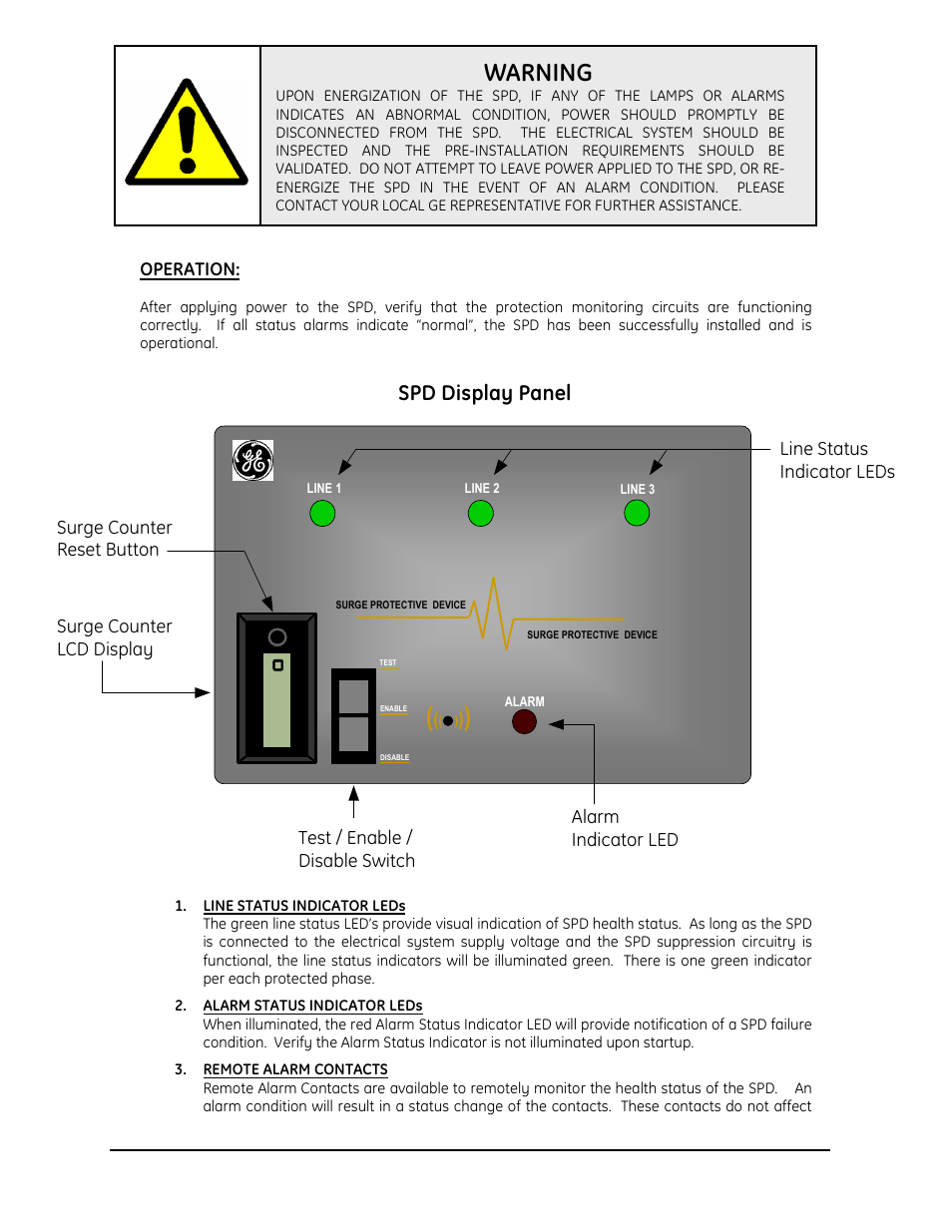Warning, Spd display panel, Line status indicator leds | GE Industrial Solutions Tranquell Series Medium and High User Manual | Page 13 / 15
