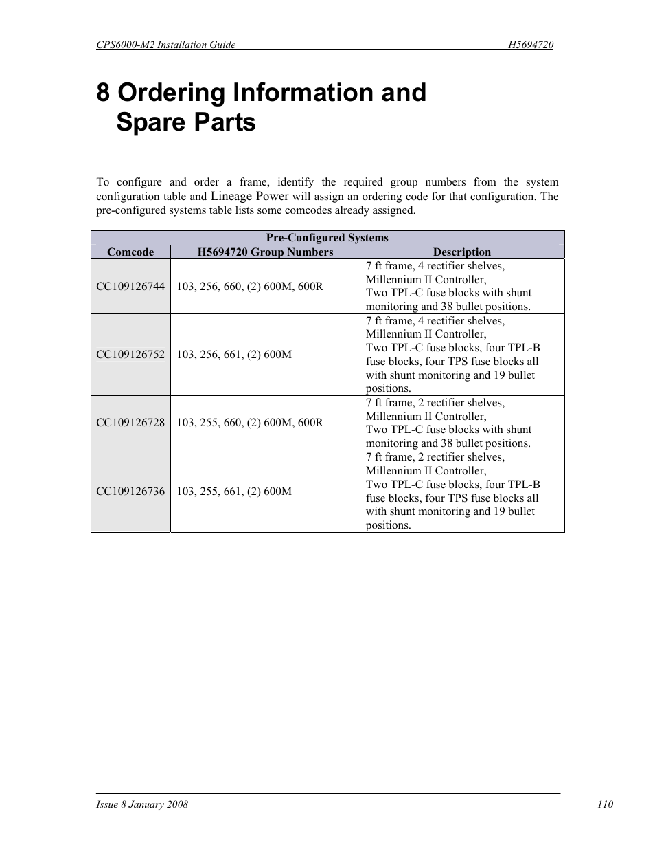 8 ordering information and spare parts | GE Industrial Solutions CPS6000-M2 User Manual | Page 110 / 134